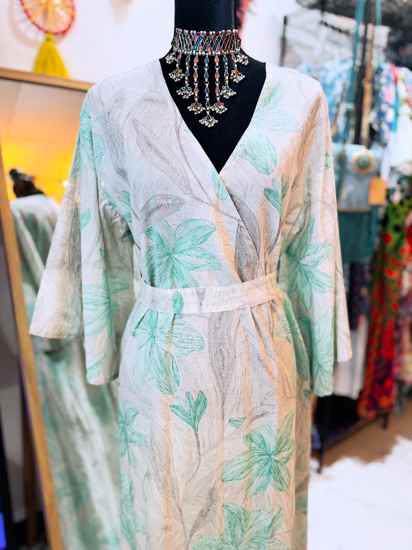 Mint Whisper – Handmade Cotton Wrap Midi Dress with Belt & Pockets (Medium) | Soft Boho Summer Dress