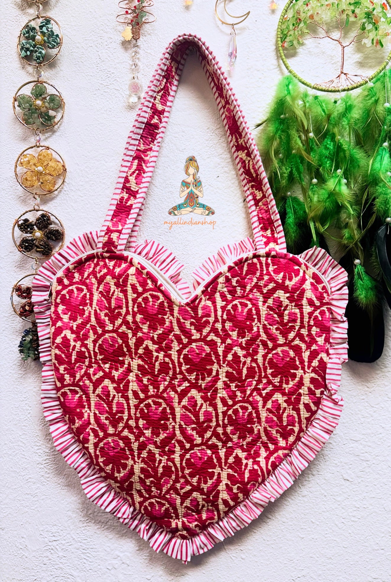Heart-Shaped Quilted Tote Bag | Hand Block-Printed 100% Cotton | Handmade Zipper Tote