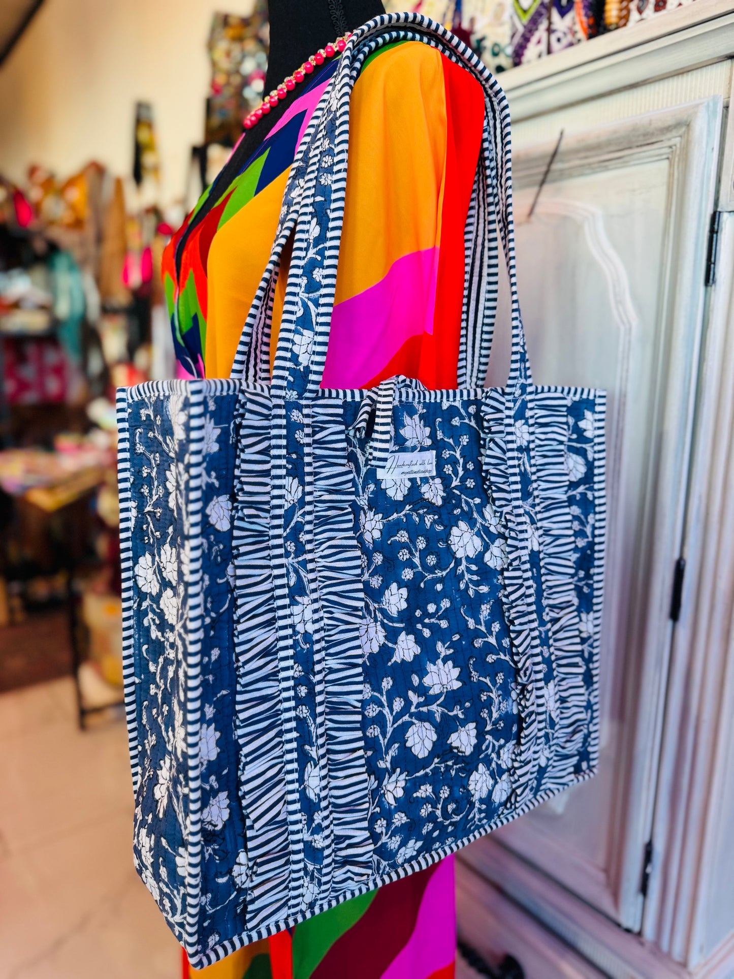 Indigo Garden Tote – Handmade Quilted Cotton Bag | Blue Floral Everyday Tote