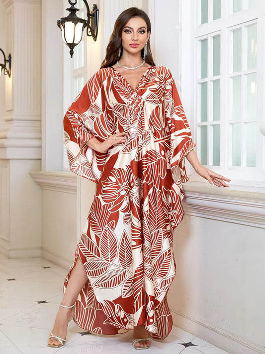 Terra Leaf Breeze Kaftan – Earthy Print, Free Size