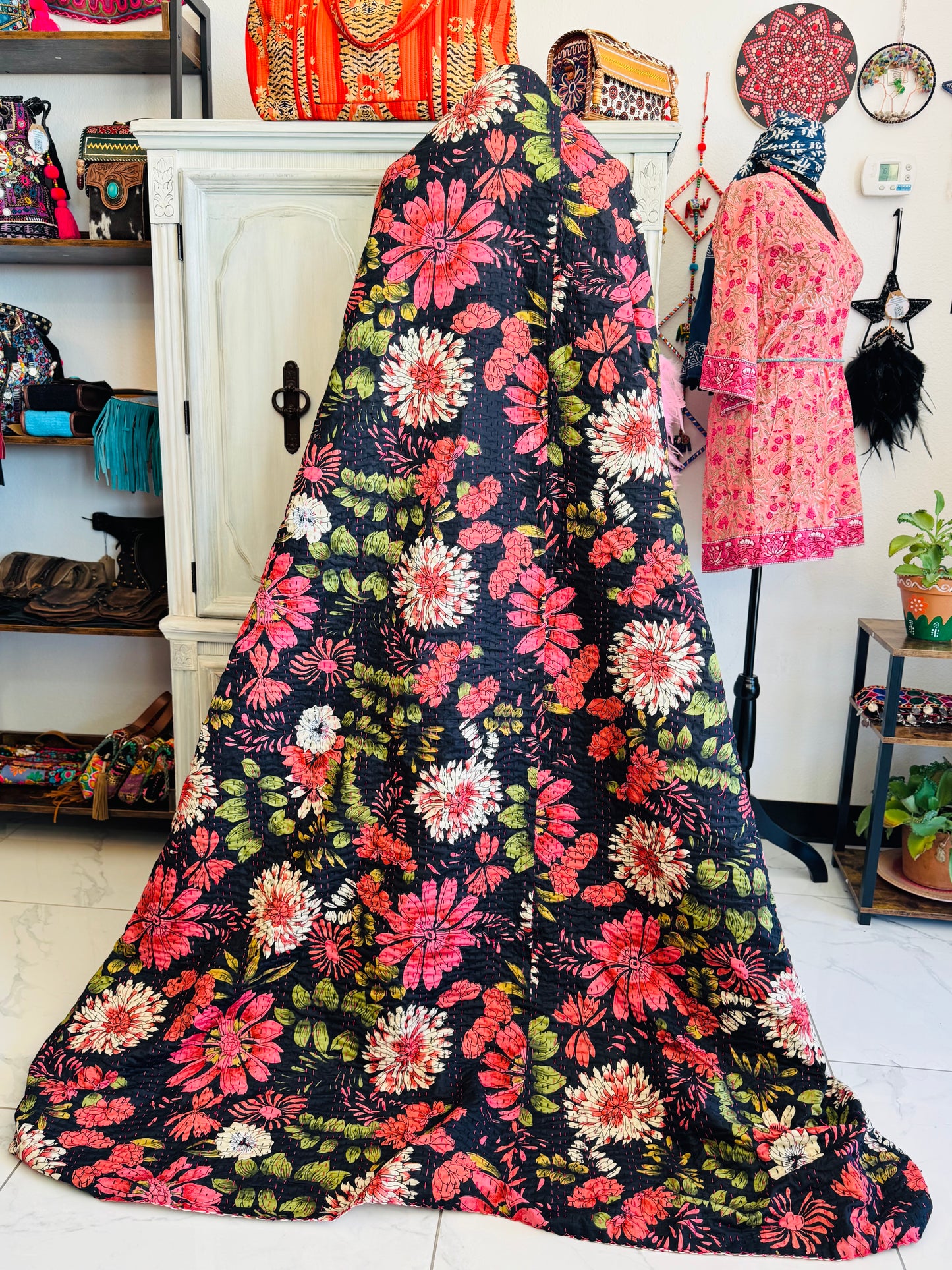 Midnight Dahlia – Handblock Printed Kantha Quilt | Cotton | Handmade | Full Size