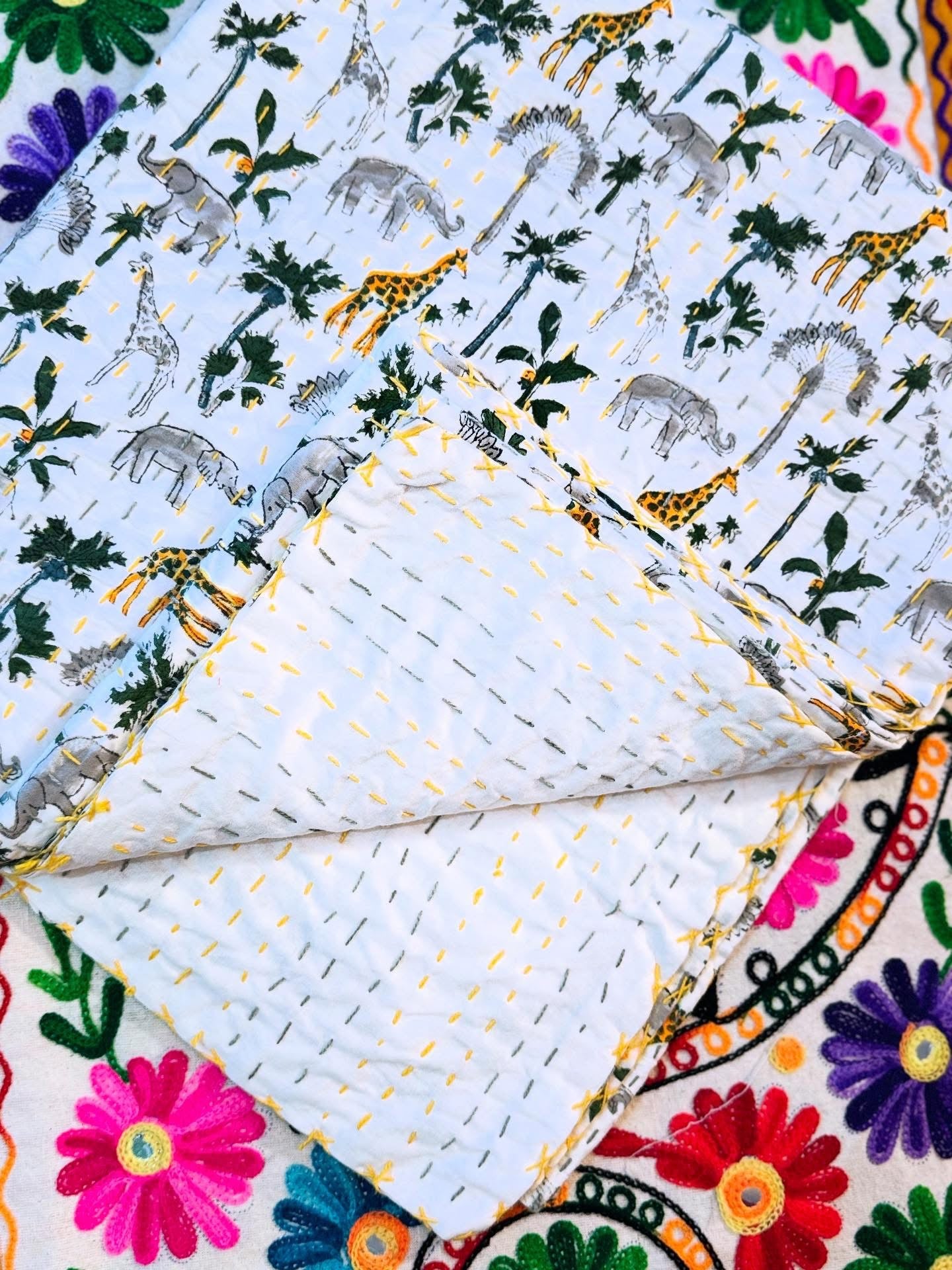 Kantha Cotton Quilt – Safari Adventure Print | Handmade Toddler Blanket