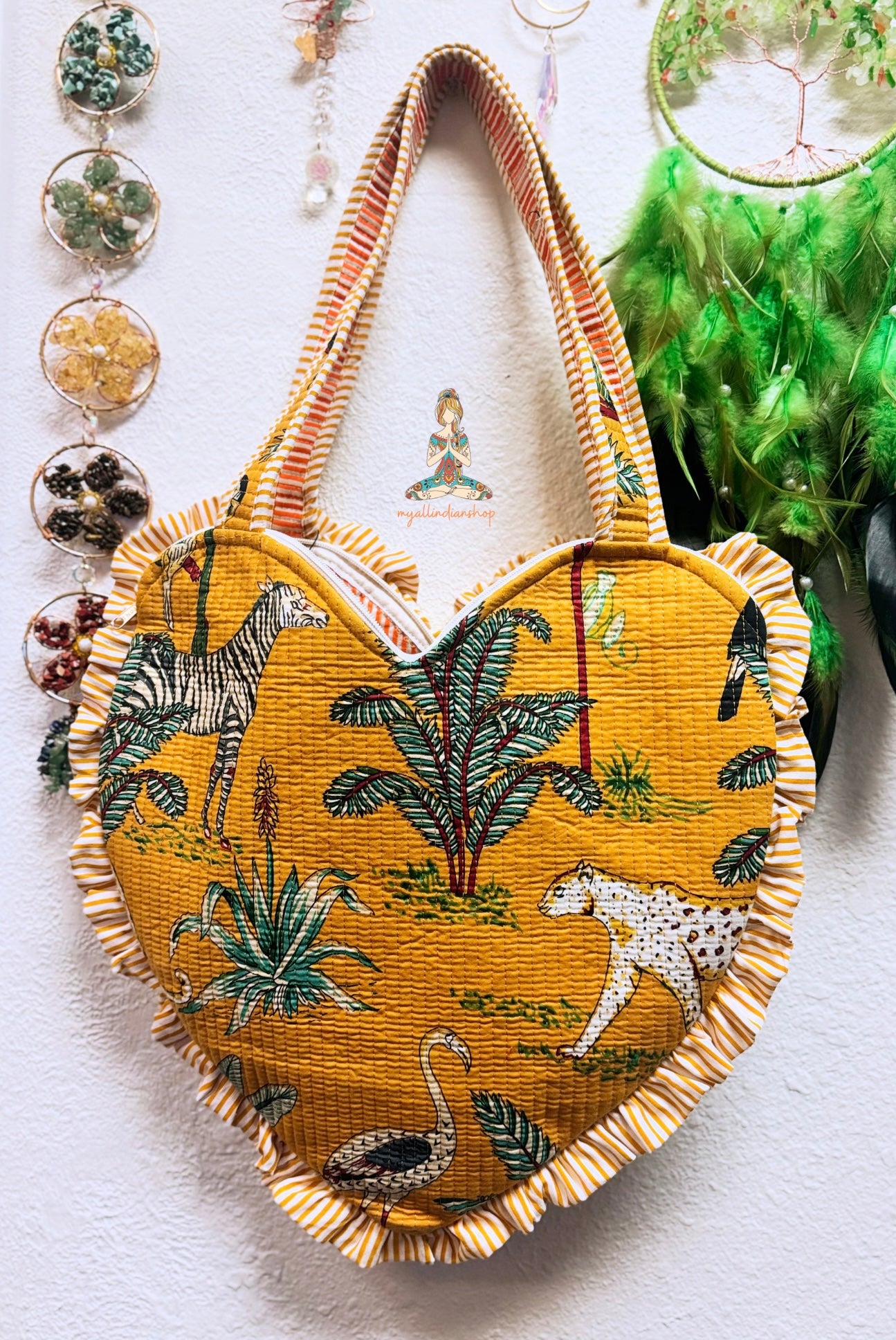 Heart-Shaped Quilted Tote Bag | Hand Block-Printed 100% Cotton | Handmade Zipper Tote