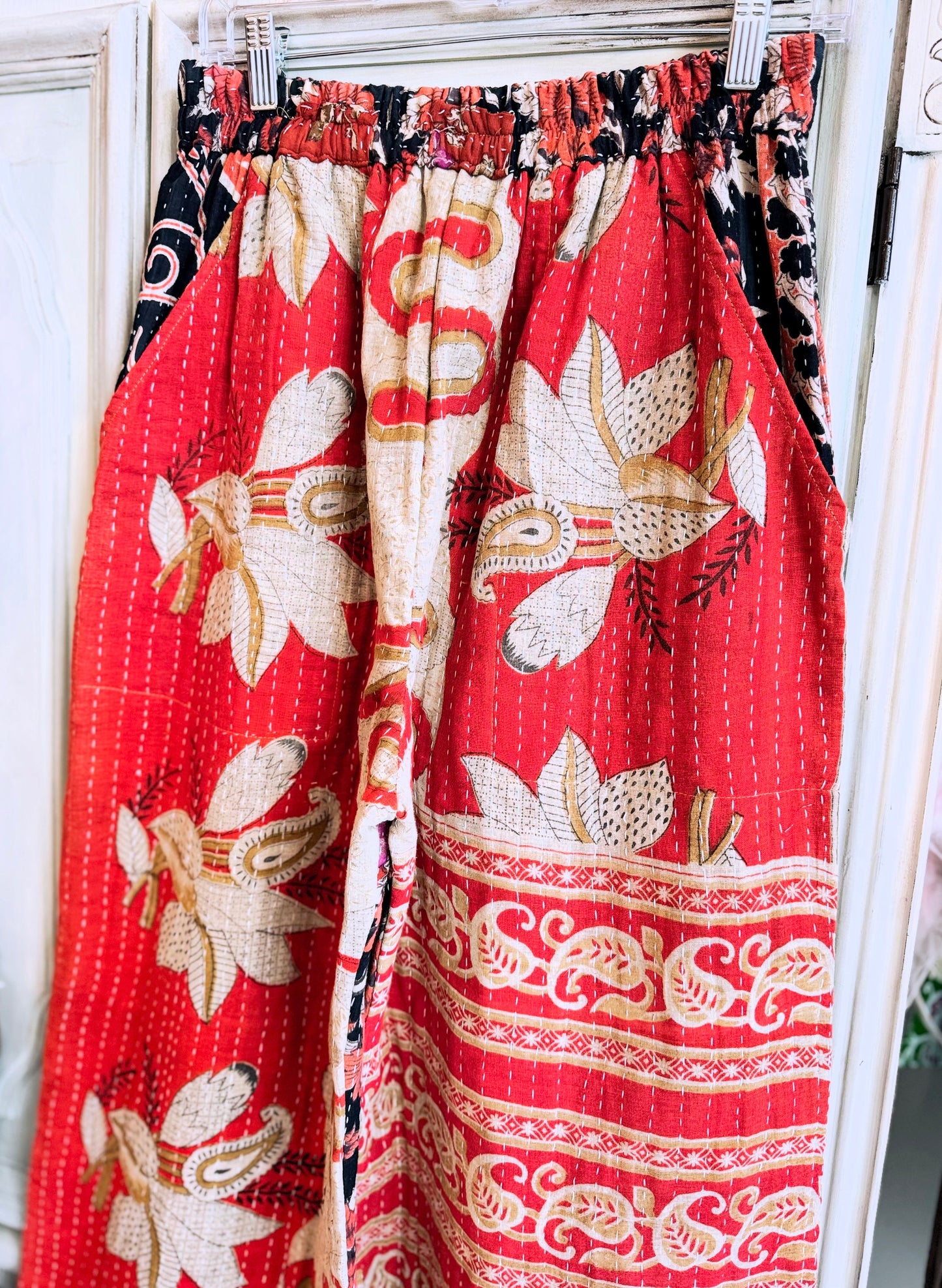 Paisley Rhythm – Handmade Kantha Cotton Pants | Wide Leg Boho Trousers | Pockets