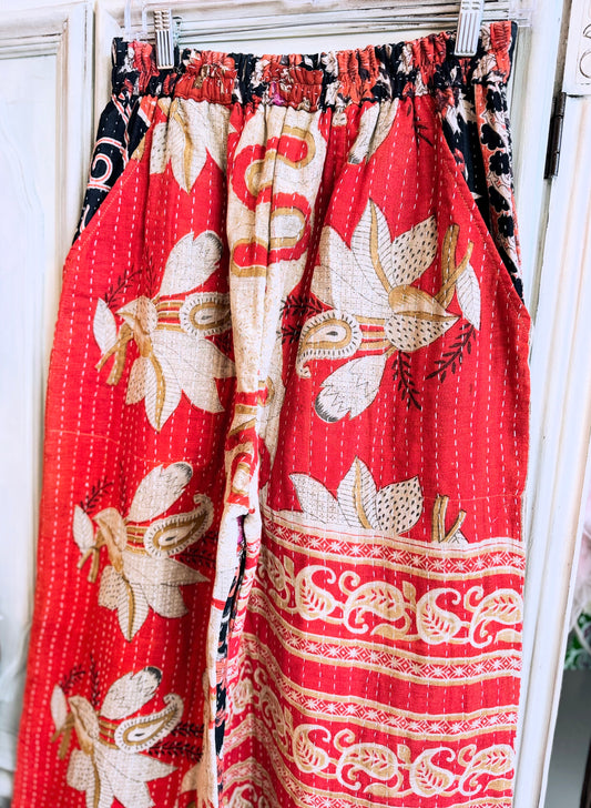 Paisley Rhythm – Handmade Kantha Cotton Pants | Wide Leg Boho Trousers | Pockets