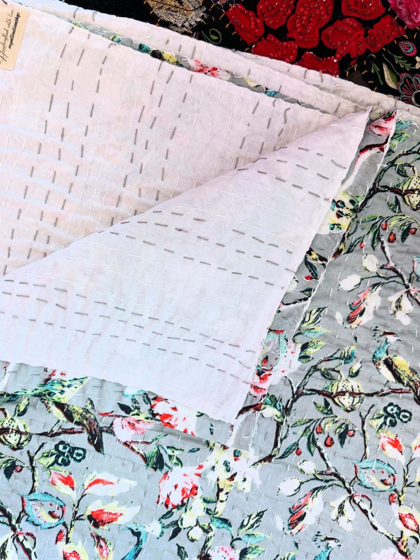 Peacock Garden – Handblock Printed Kantha Quilt – 100% Cotton | Handmade