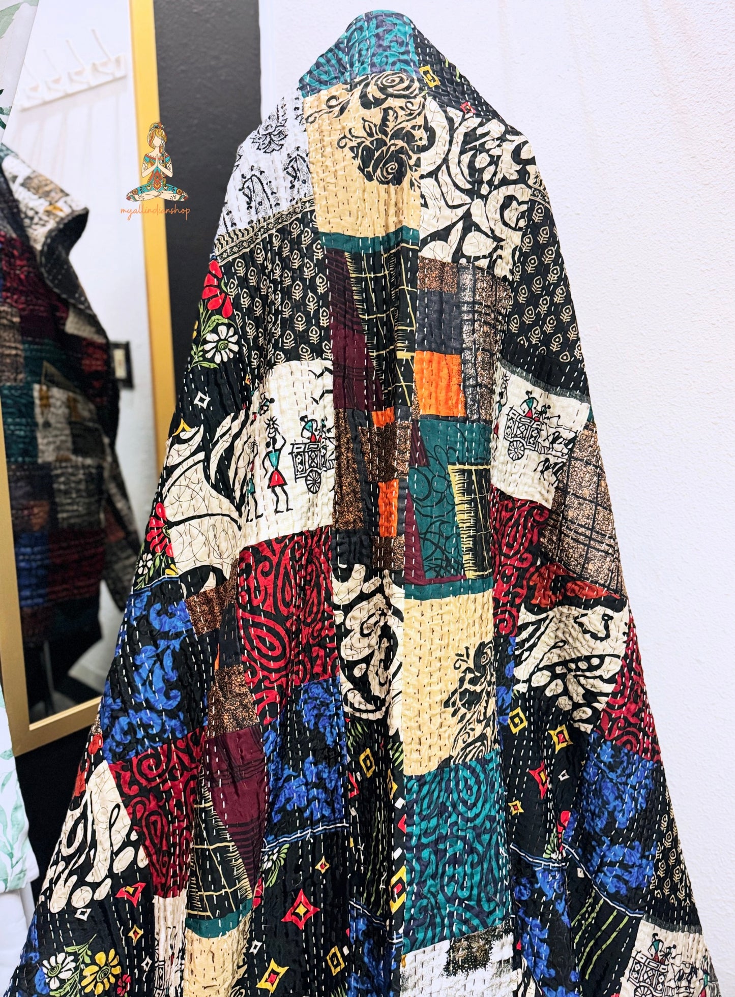 Silk Patchwork Kantha Quilt - Black Tribal - Handmade | Silk | Cotton | Queen | King