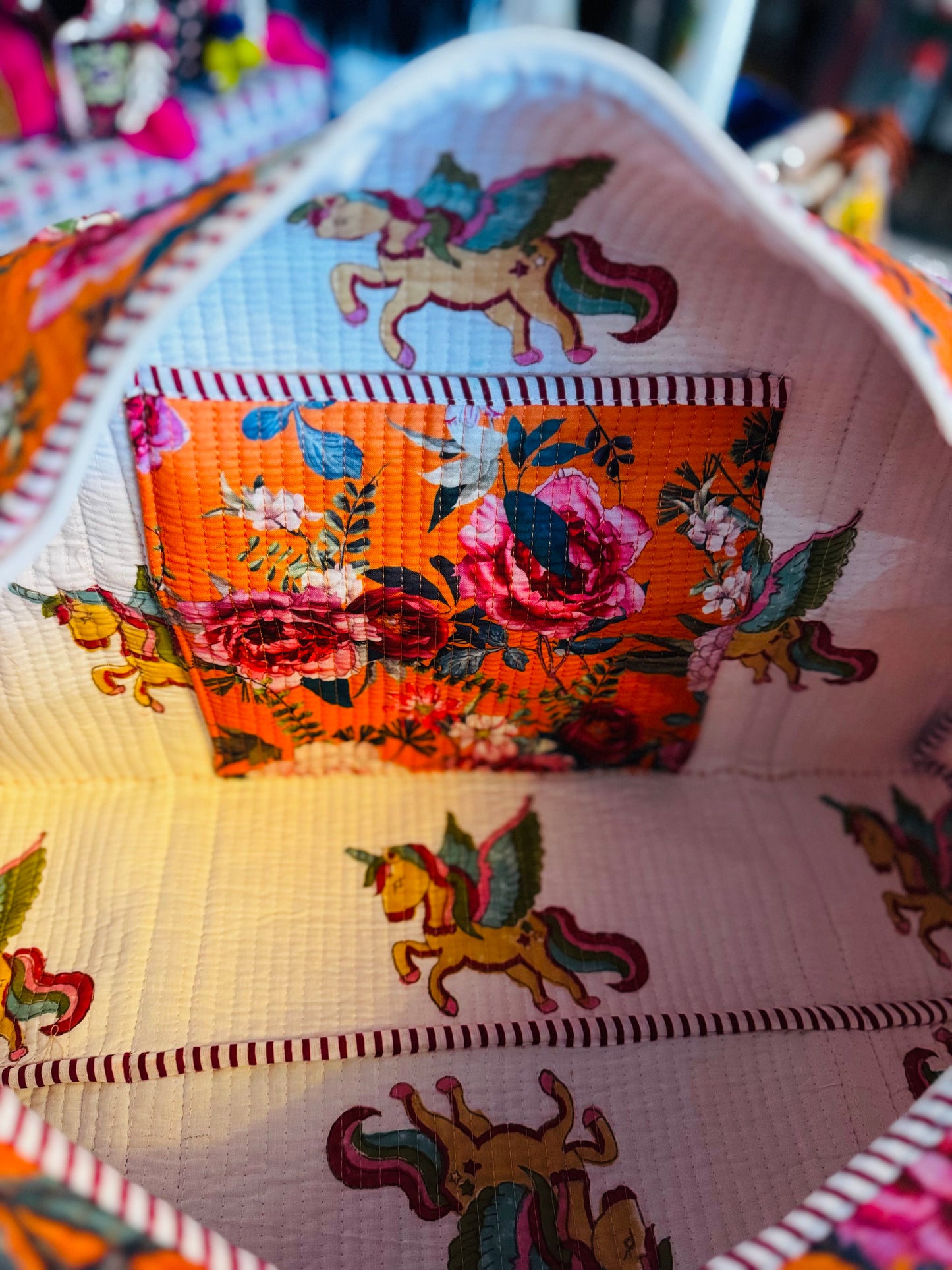 Pink Roses Quilted Duffel Bag – Handmade Floral Block Print Weekender Bag with Unicorn Lining