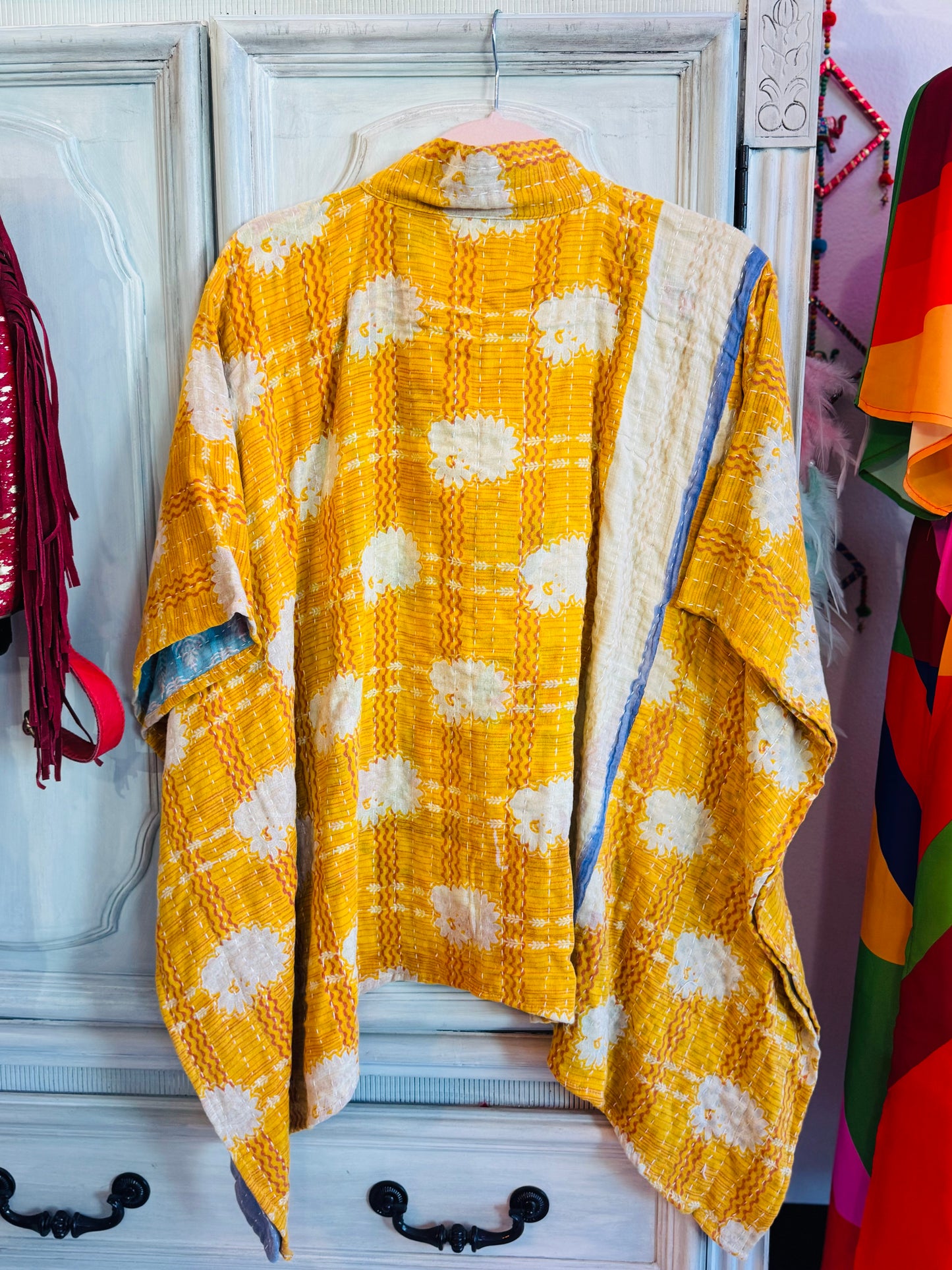 Handmade Kantha Poncho – Sunshine Bloom | Unisex | 100% Cotton Boho Top