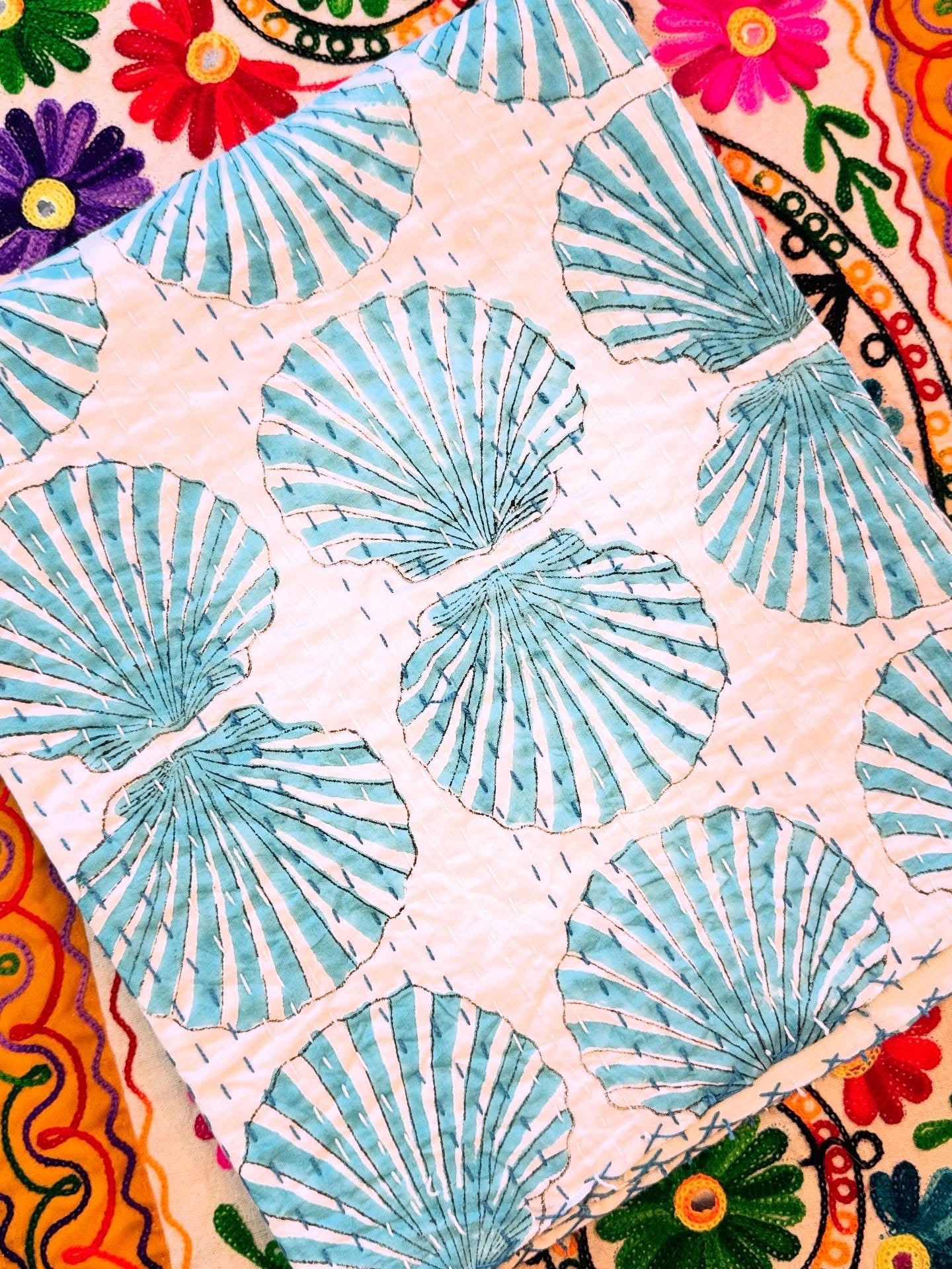 Kantha Cotton Quilt – Blue Shells & Solid White | Handmade Toddler Blanket