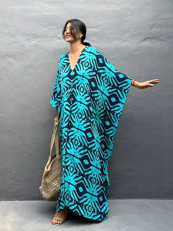 Aqua Tribal Drawstring Kaftan – Adjustable Waist, Soft & Flowy
