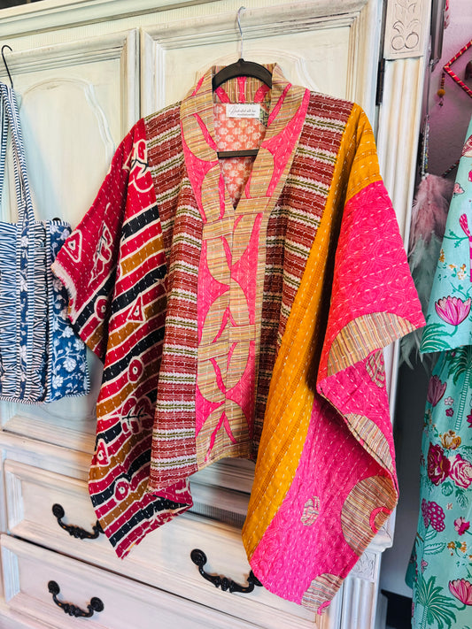 Handmade Kantha Poncho – Wild Rose Mosaic | Unisex | 100% Cotton Boho Top