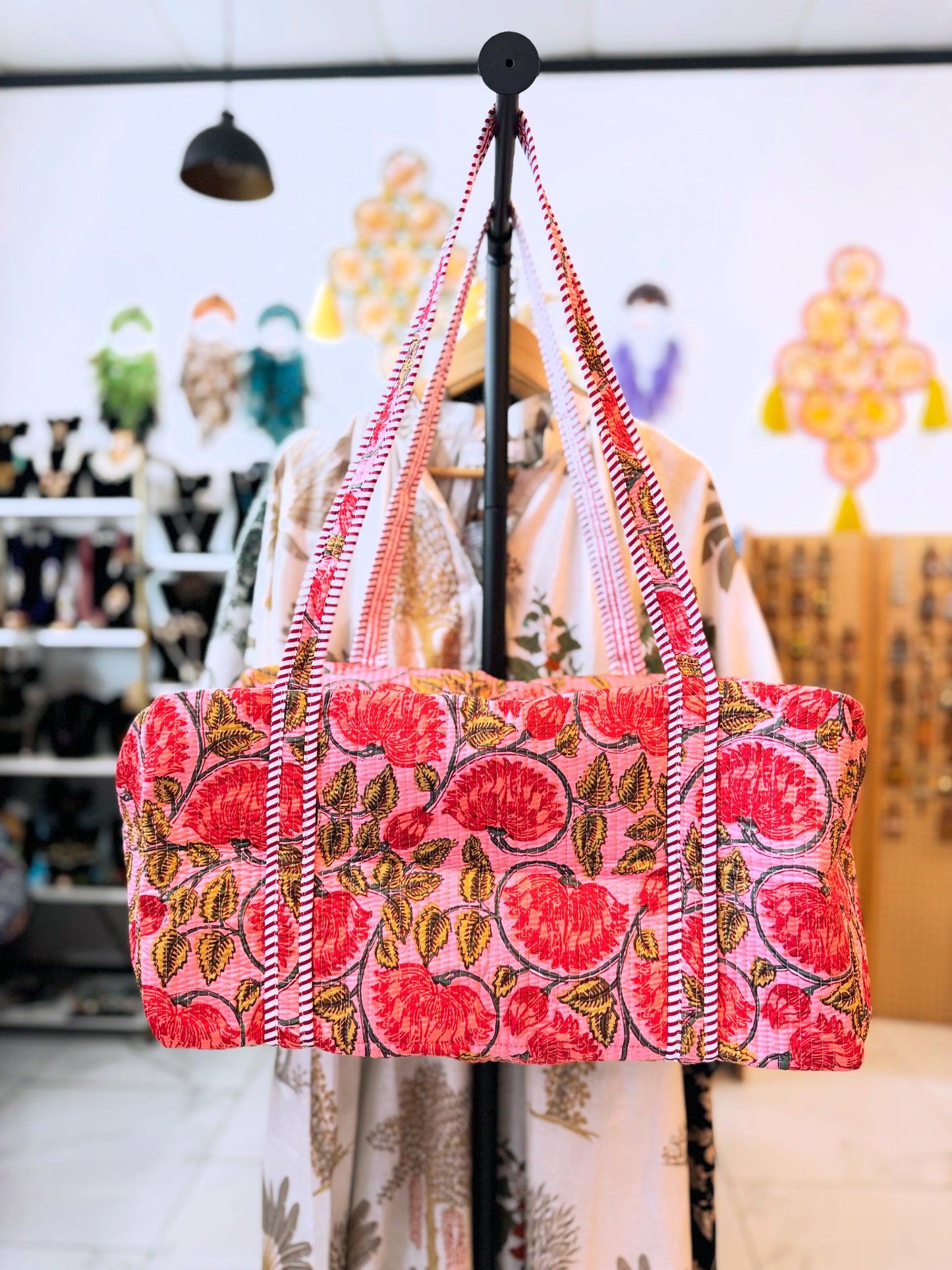Red Floral Quilted Duffel Bag – Handmade Block Print Weekender Travel Bag