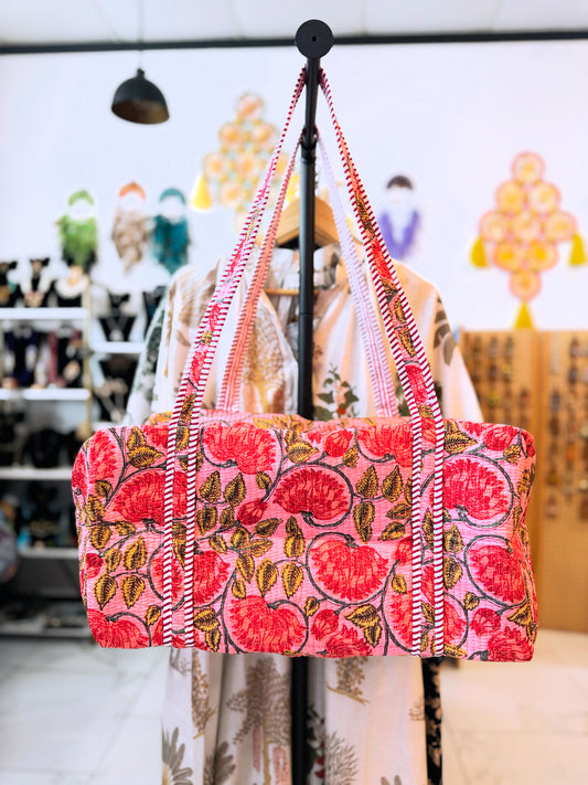 Red Floral Quilted Duffel Bag – Handmade Block Print Weekender Travel Bag