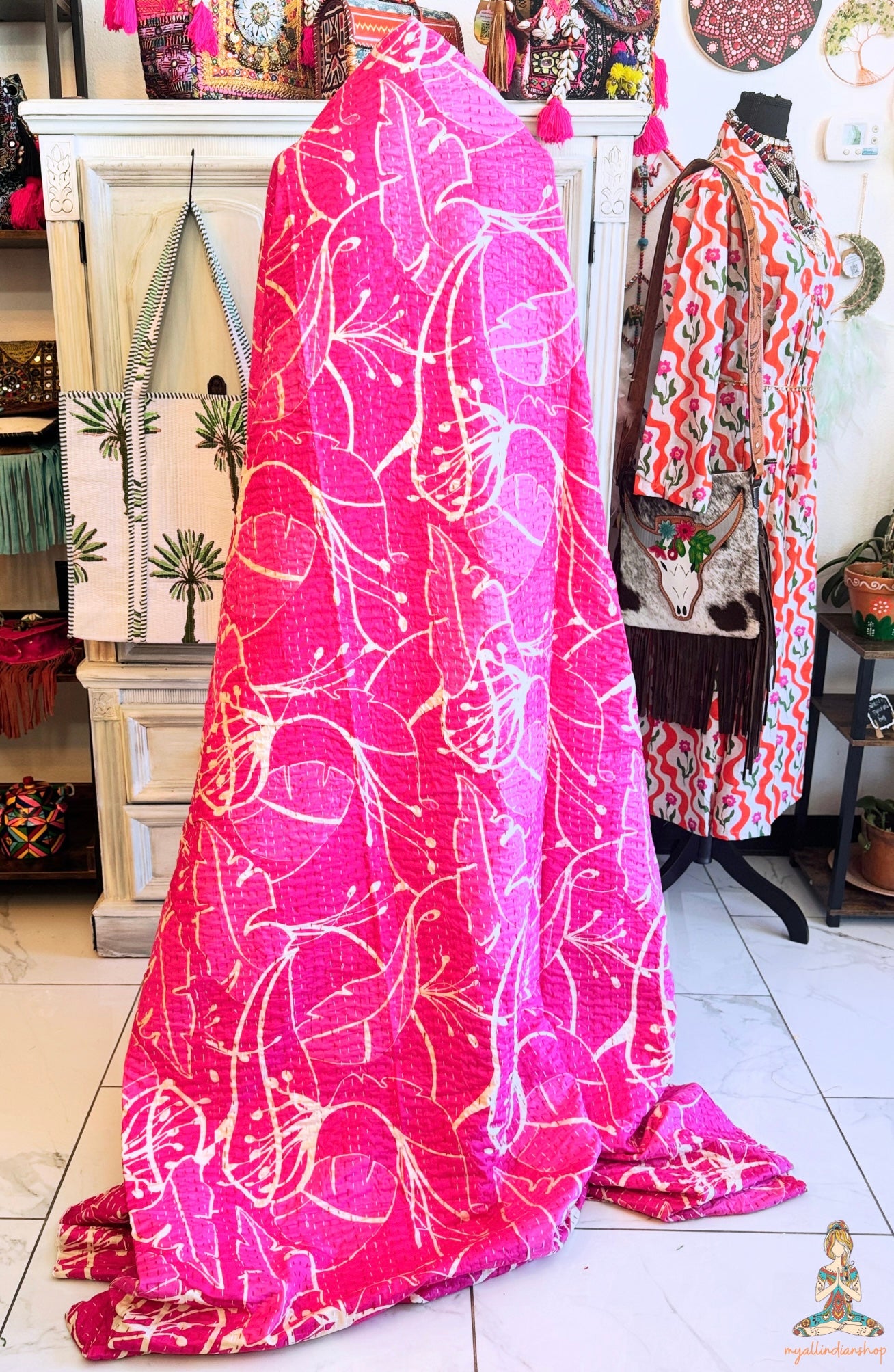 Hot Pink Kantha Quilt | Botanical Block Print Throw | Twin Size