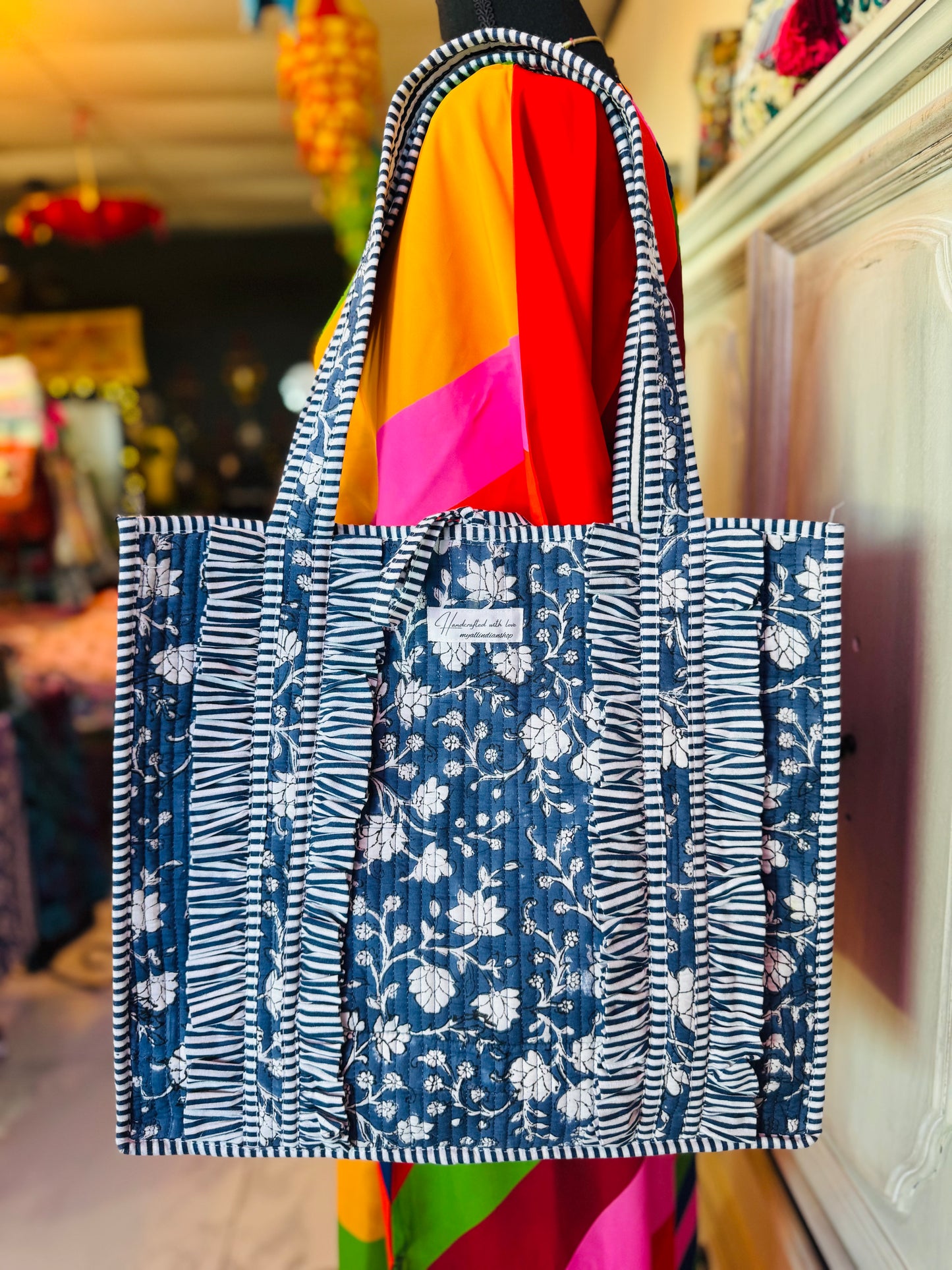 Indigo Garden Tote – Handmade Quilted Cotton Bag | Blue Floral Everyday Tote