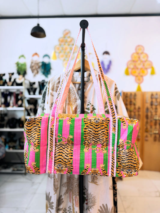 Pink & Green Tiger Print Quilted Duffel Bag – Handmade Block Print Weekender Travel Bag