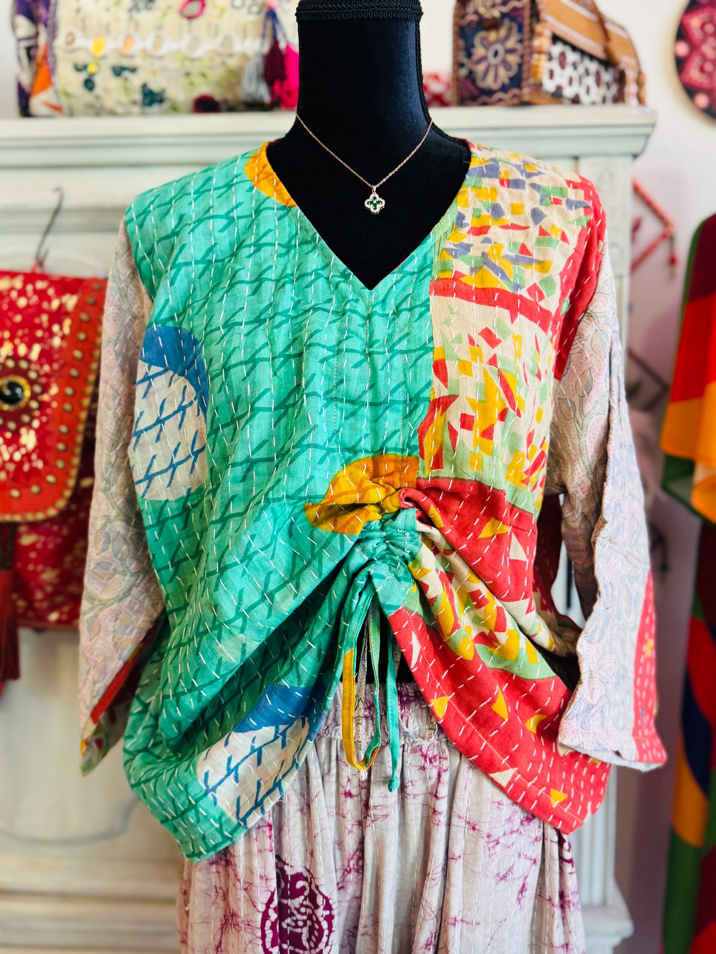 Ocean Patchwork Breeze Butterfly 2-Way Top – Handmade | 100% Cotton Boho Blouse