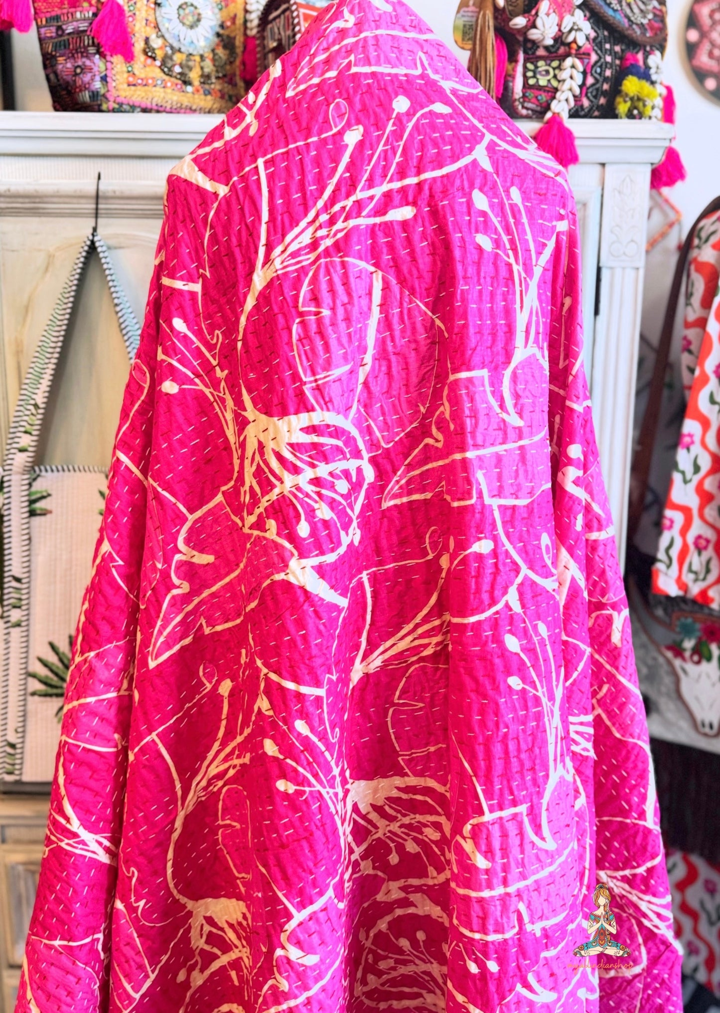 Hot Pink Kantha Quilt | Botanical Block Print Throw | Twin Size