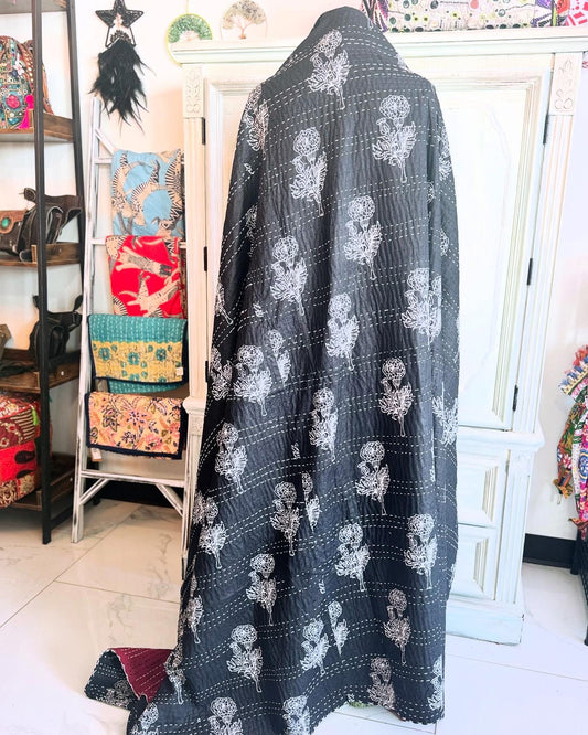 White Flowers- Handblock Printed Kantha Quilt | Cotton | Handmade
