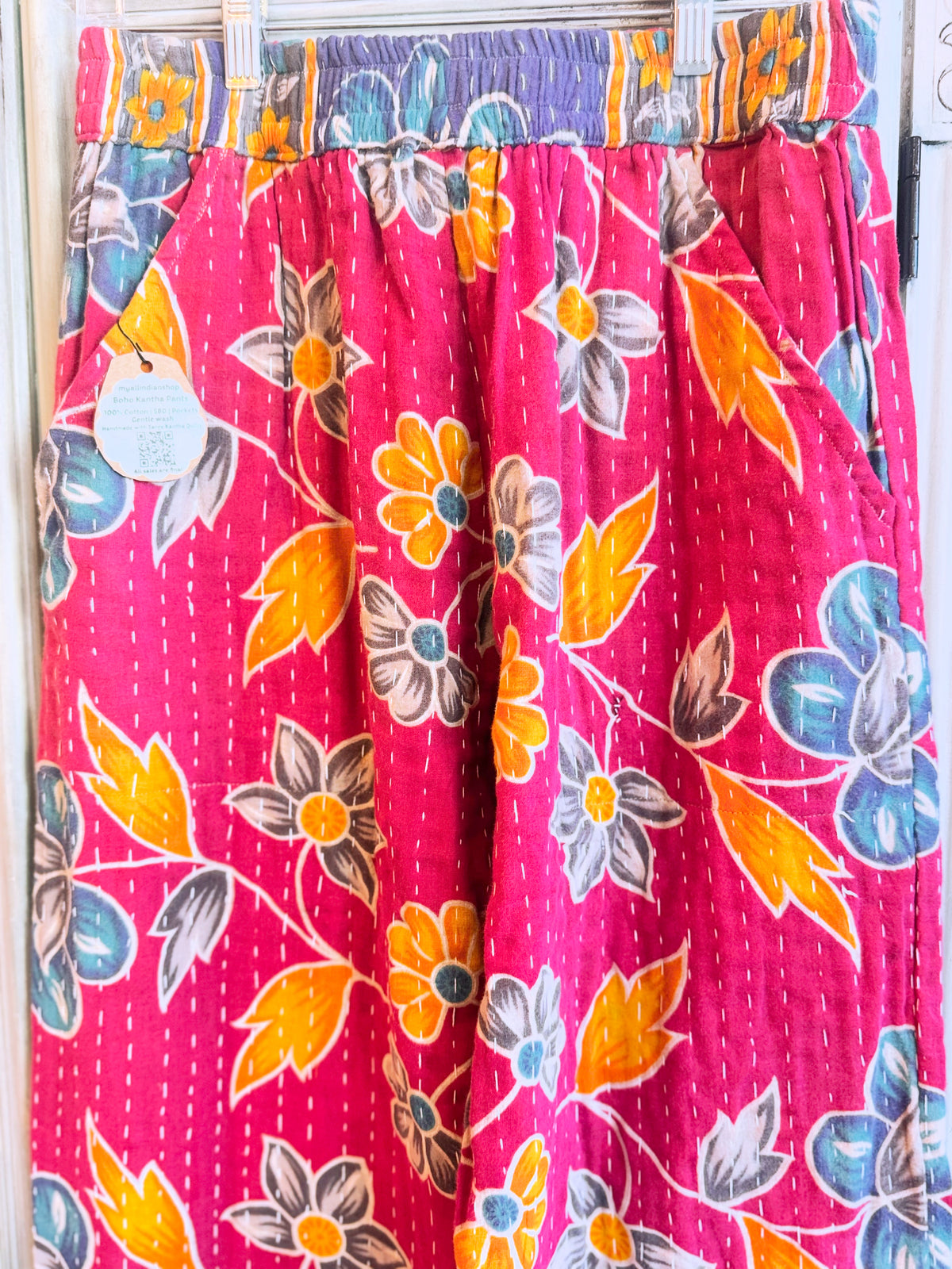 Dragonfruit Bloom – Handmade Kantha Cotton Pants | Color Block Boho Trousers | Pockets