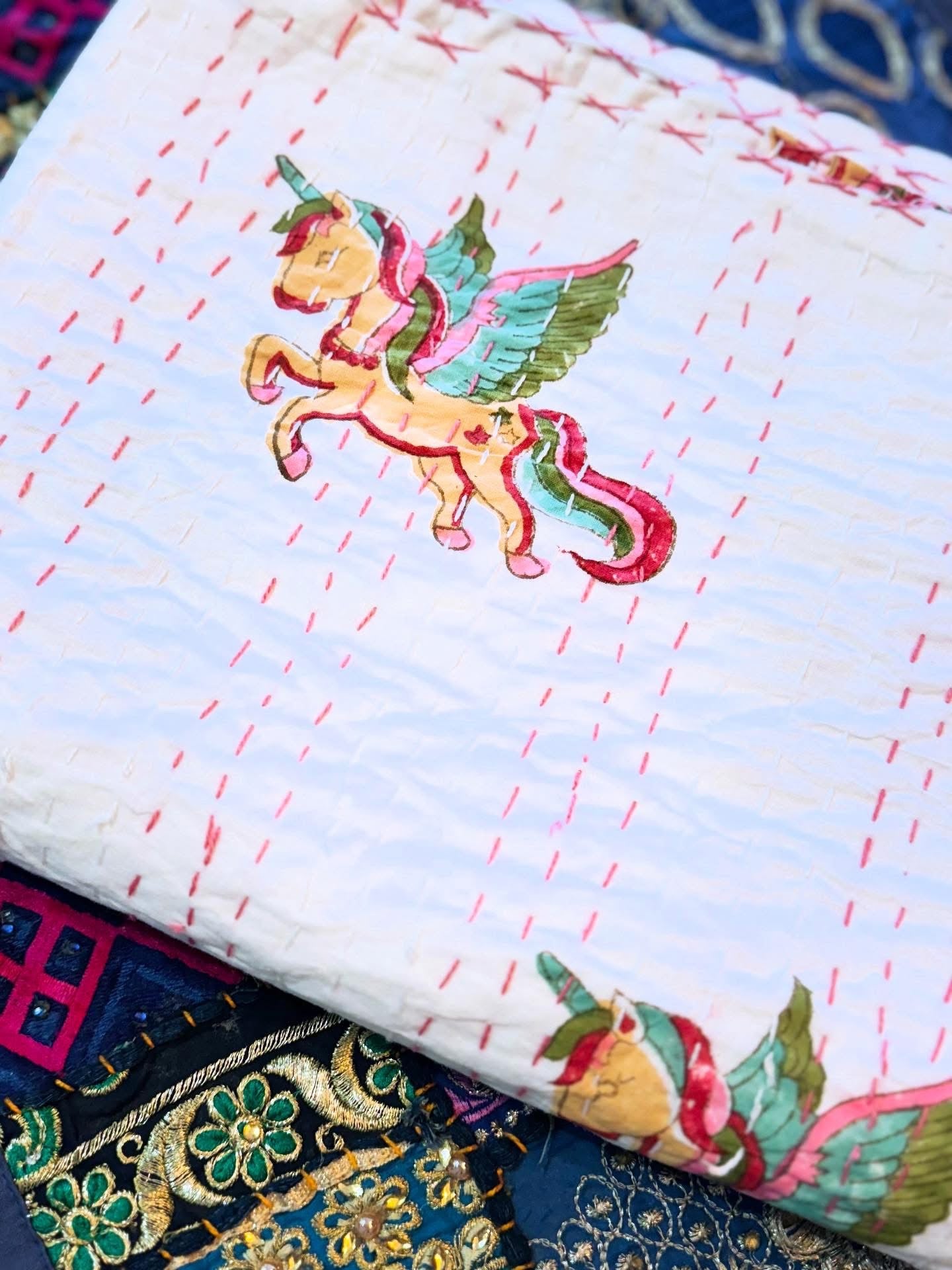 Kantha Cotton Quilt – Unicorns & Solid White | Handmade Toddler Blanket