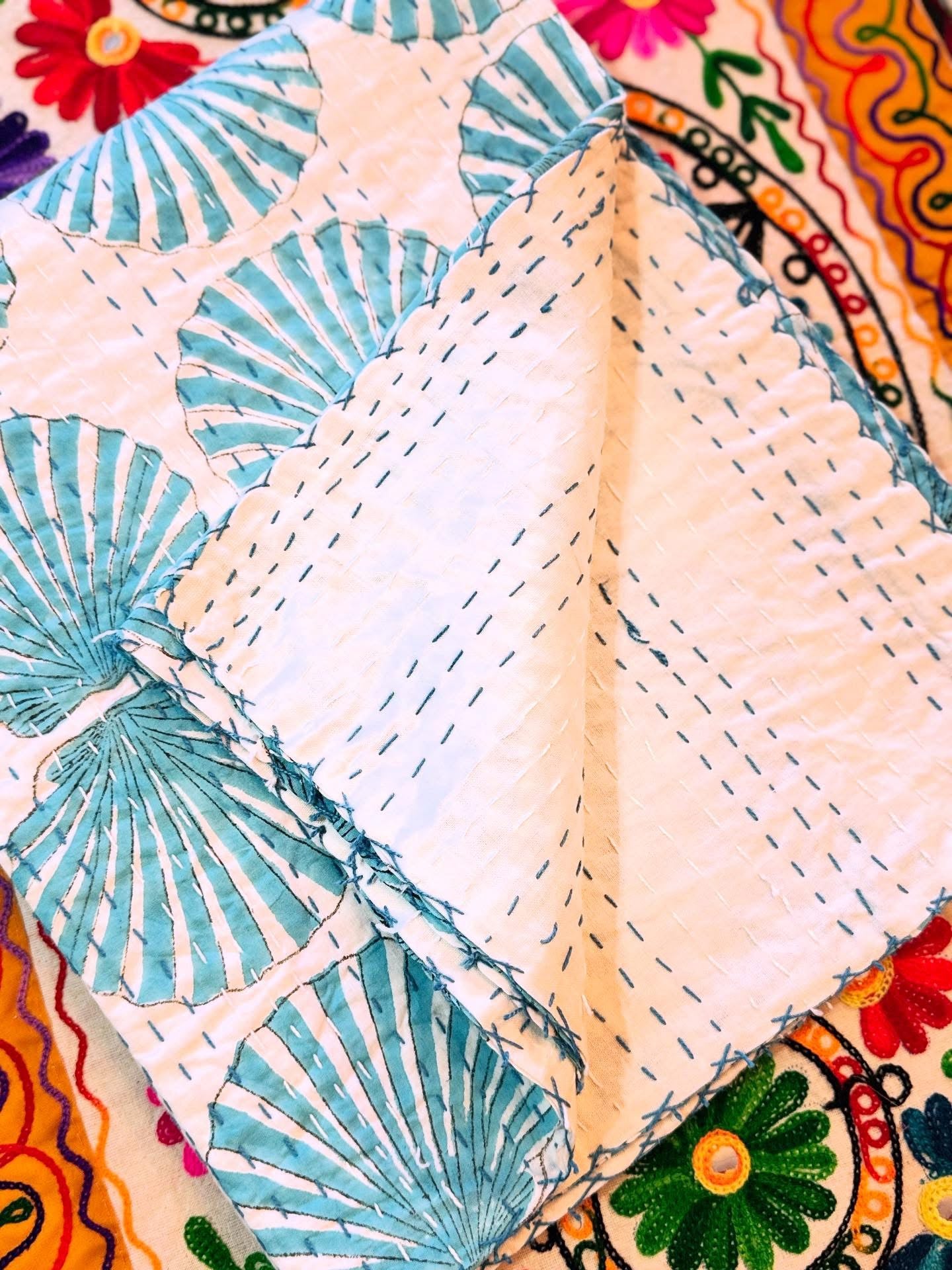 Kantha Cotton Quilt – Blue Shells & Solid White | Handmade Toddler Blanket