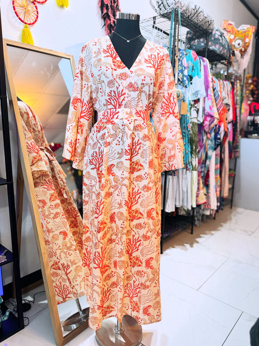 Coral Muse – Handmade Cotton Dress with Belt & Pockets (Medium) | Coastal Statement Dress