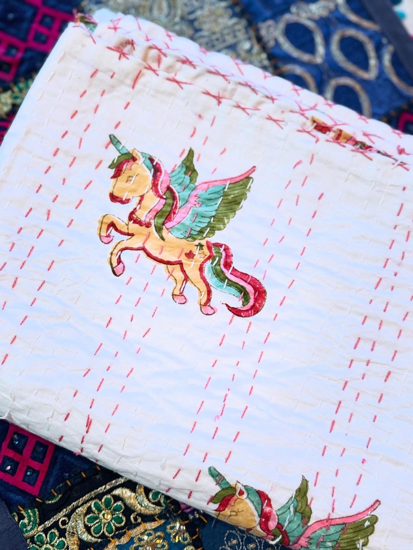 Kantha Cotton Quilt – Unicorns & Solid White | Handmade Toddler Blanket