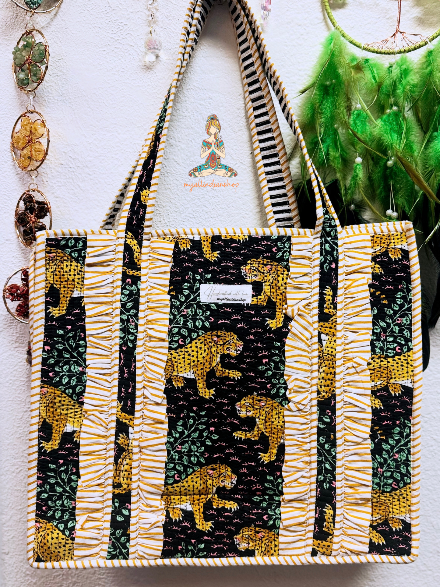 Black Leopard Print Reversible Quilted Tote Bag | Golden Grove Hand Block Print Ruffle Tote