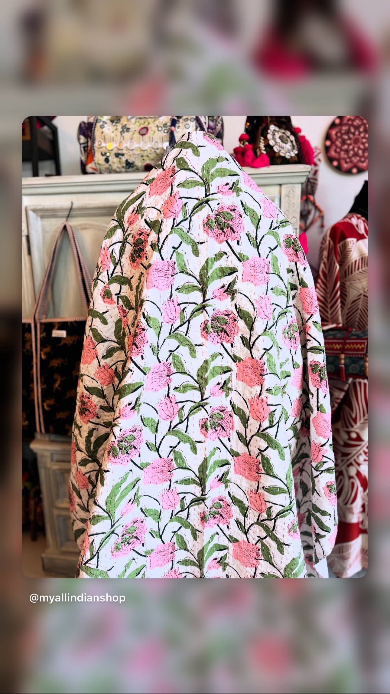 Blush Meadow – Pink Floral Handblock Printed Kantha Quilt | 100% Cotton | Handmade