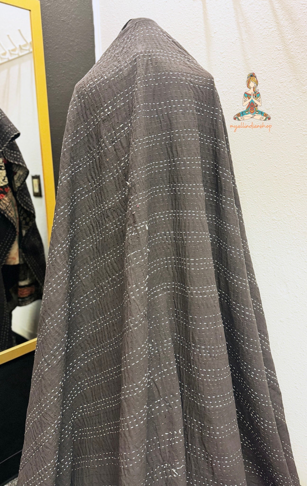 Silk Patchwork Kantha Quilt - Black Tribal - Handmade | Silk | Cotton | Queen | King