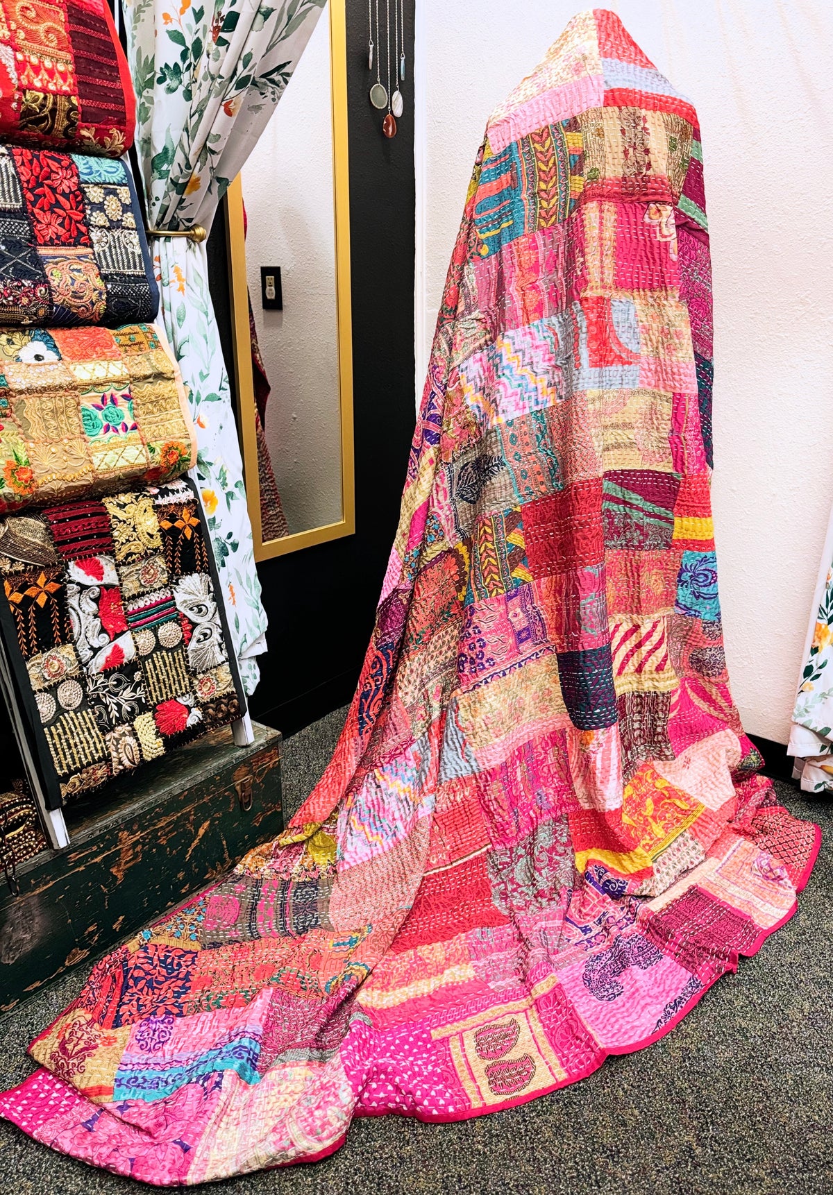 Silk Patchwork Kantha Quilt - Pink- Handmade | Silk | Cotton | Queen | King