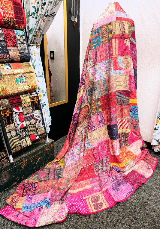 Silk Patchwork Kantha Quilt - Pink- Handmade | Silk | Cotton | Queen | King
