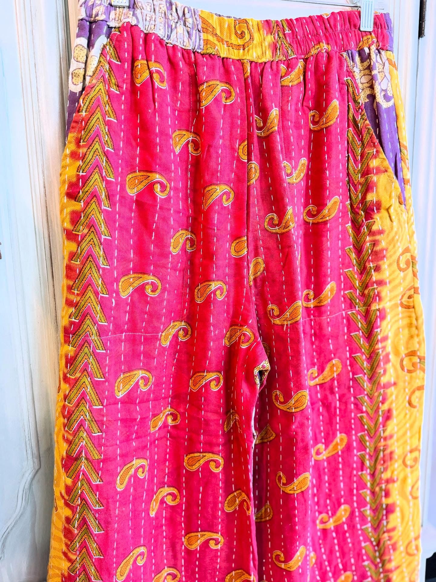 Ruby Paisley – Handmade Kantha Cotton Pants | Wide Leg Boho Trousers
