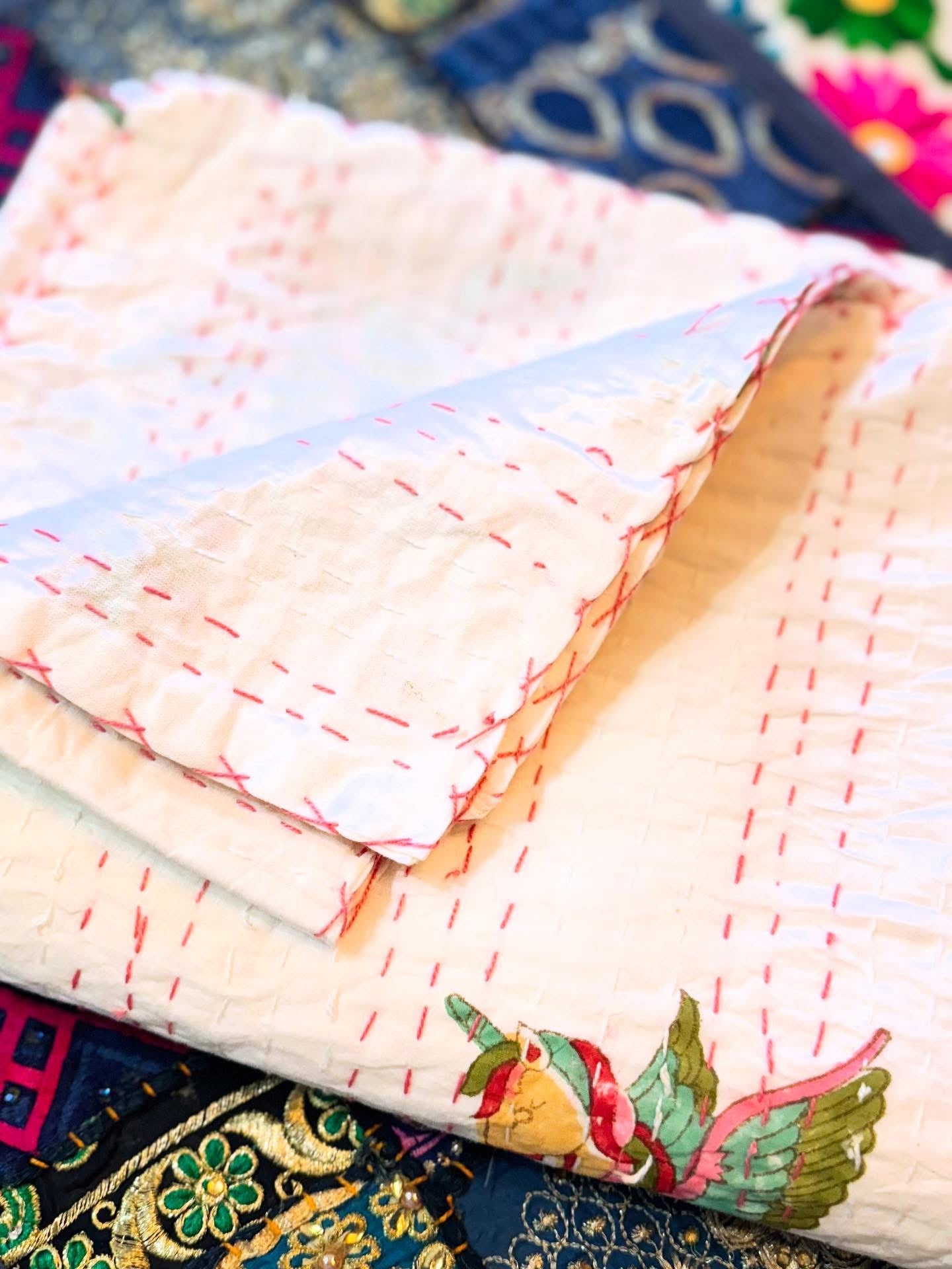 Kantha Cotton Quilt – Unicorns & Solid White | Handmade Toddler Blanket