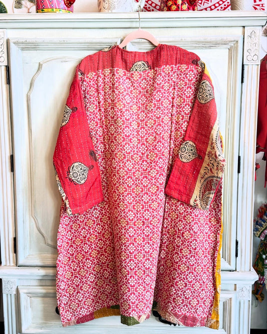 Maroon - Reversible Kantha Kimono Cotton Jacket with 4 Pockets