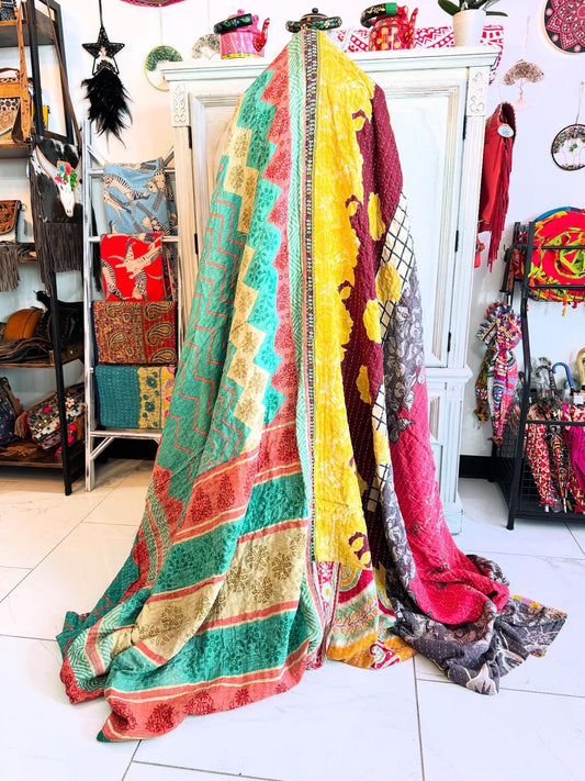 Teal Saree Kantha Quilt – Handmade Queen Size Blanket