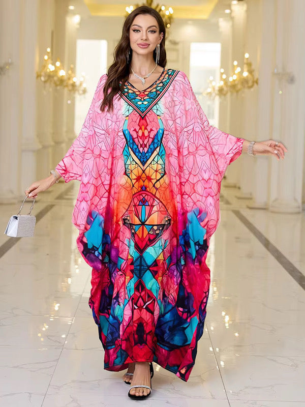 Pink Geometric Luxe Kaftan – Soft, Flowing, One-Size Resort Wear