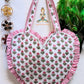 Heart Quilted Tote- Pink Flowers - Zipper - Pocket