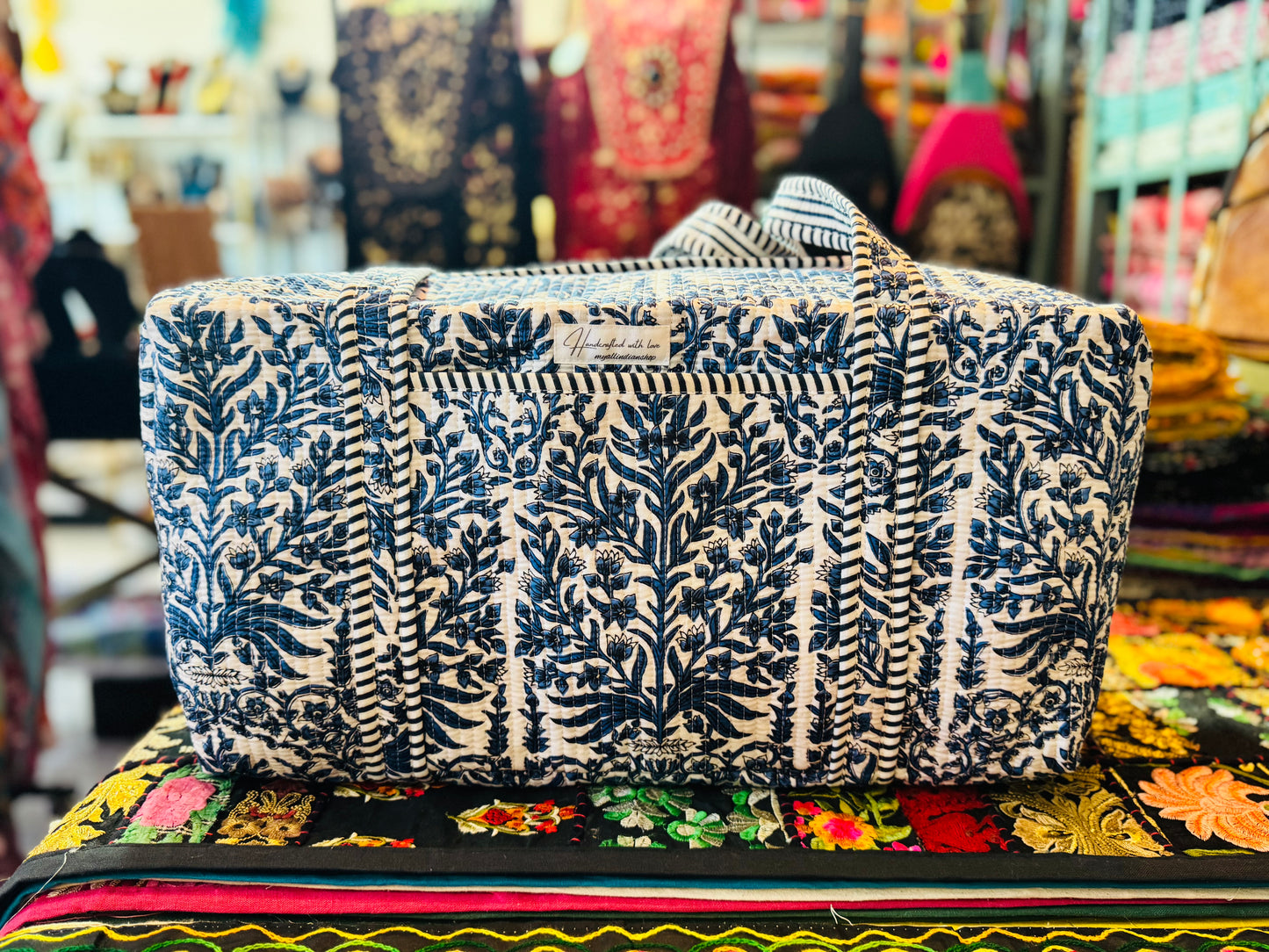 Handmade Quilted Weekender Bag – Travel Duffel - Blue Botanicals