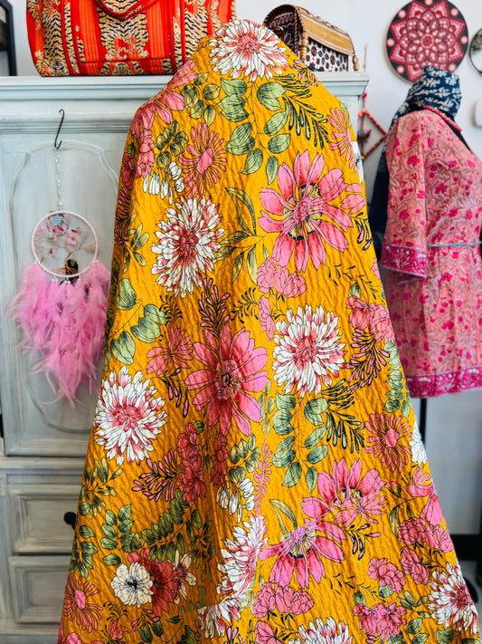 Golden Flora – Handblock Printed Kantha Quilt | Cotton | Handmade | Full Size
