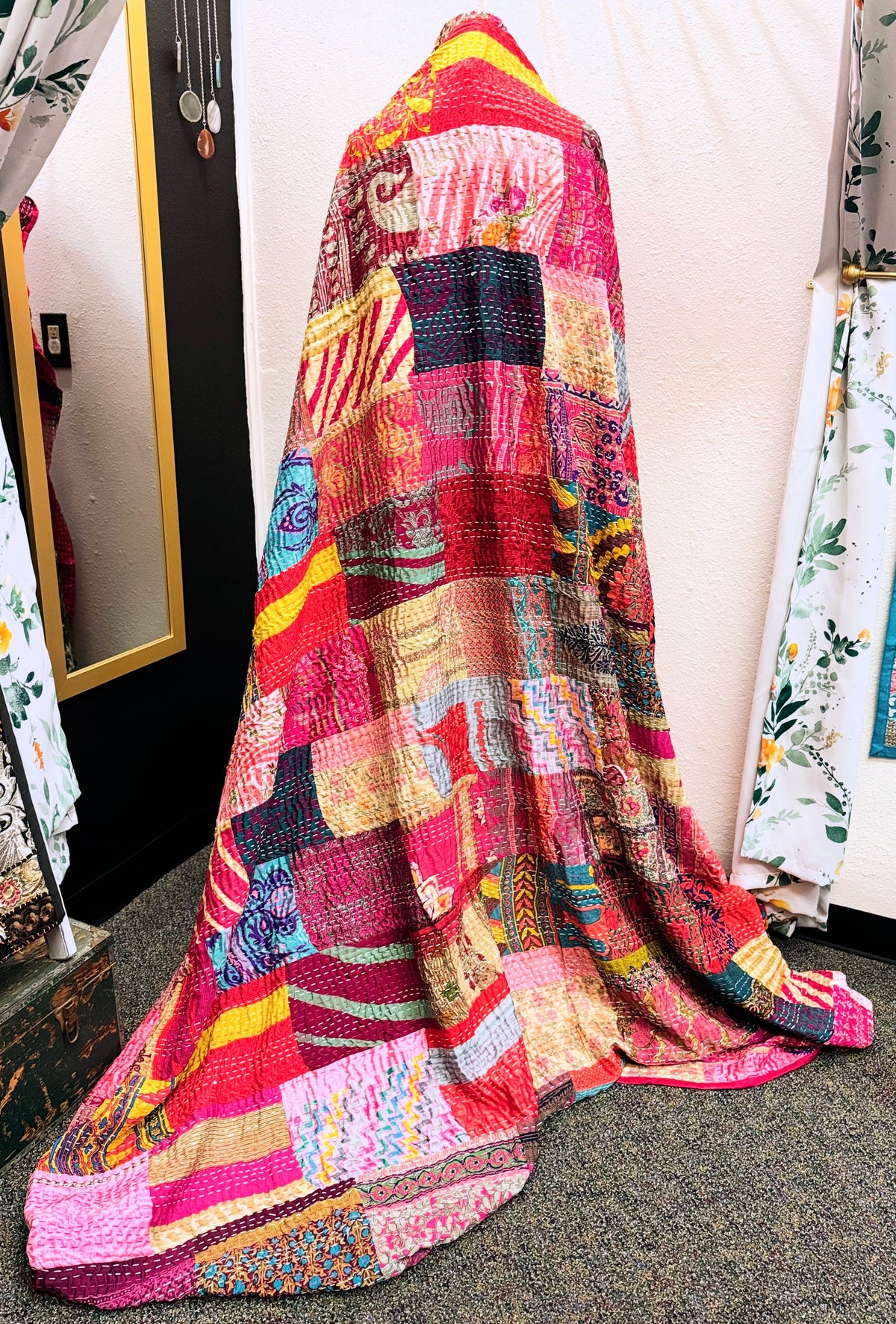 Silk Patchwork Kantha Quilt - Pink- Handmade | Silk | Cotton | Queen | King