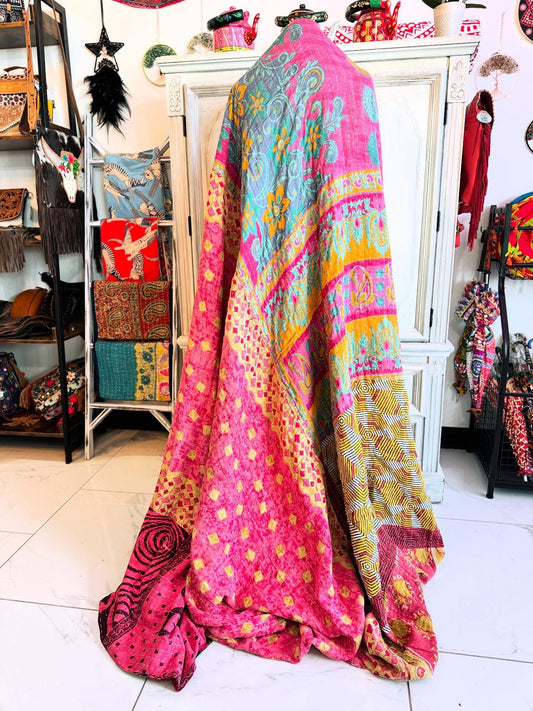 Pink Saree Kantha Quilt – Handmade Queen Size Blanket