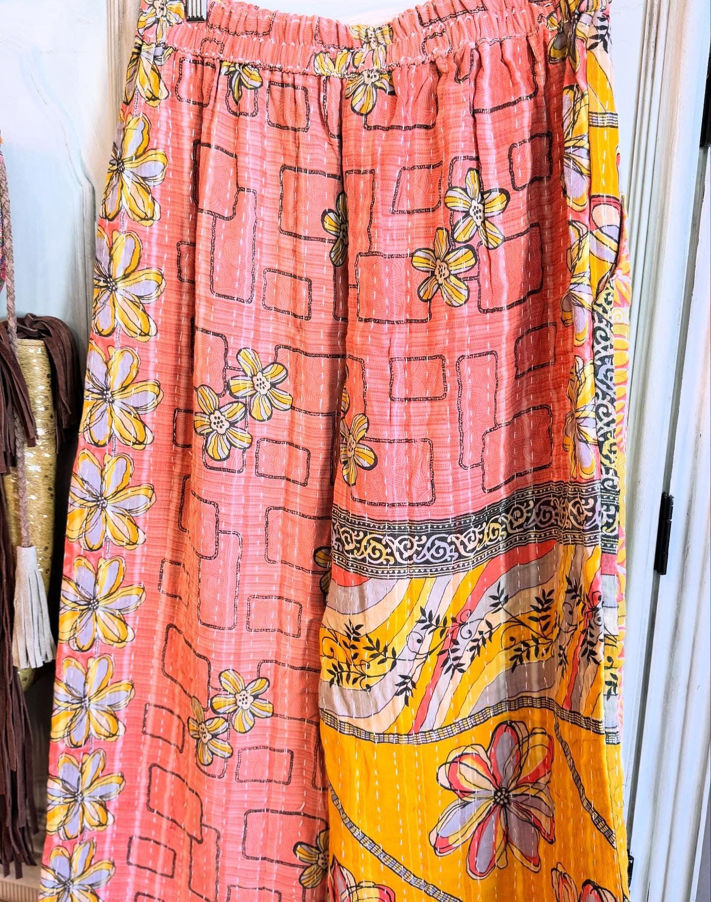 Olive Leaf – Handmade Kantha Cotton Pants | Wide Leg Boho Trousers