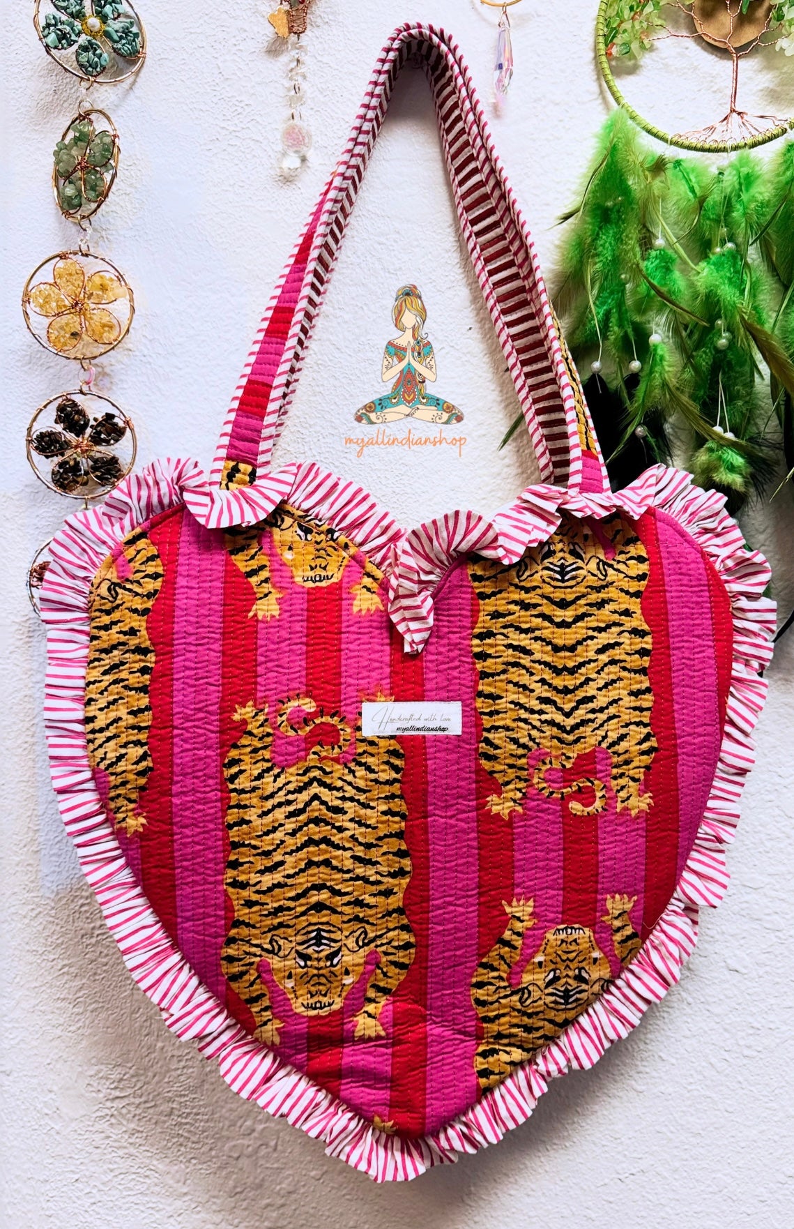 Heart Quilted Tote- Tiger- Pink - Zipper - Pocket