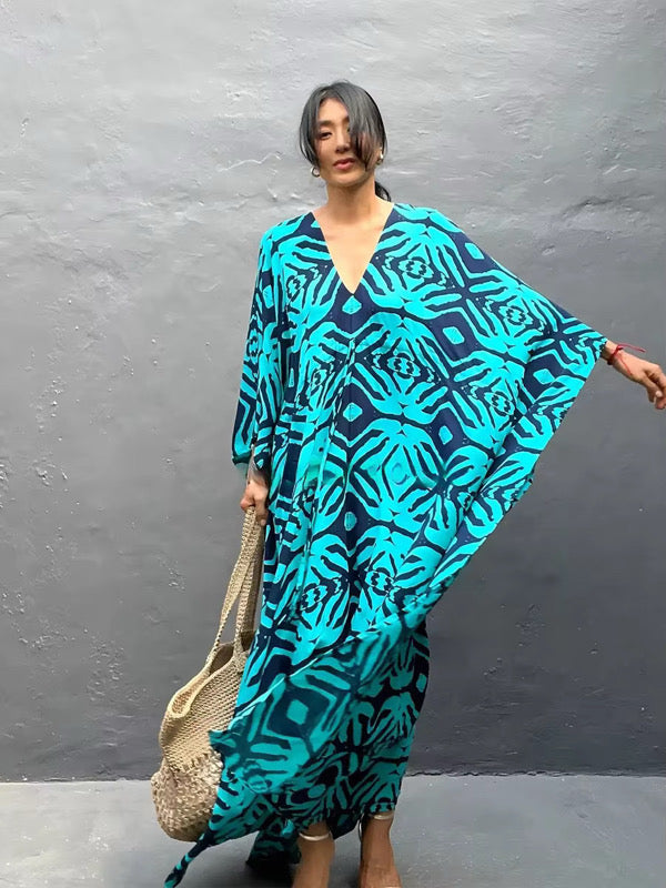 Aqua Tribal Drawstring Kaftan – Adjustable Waist, Soft & Flowy