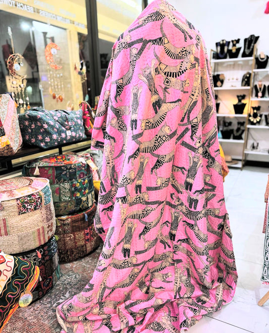 Stretchy Cats – Pink – Handblock Printed Kantha Quilt | Cotton | Handmade