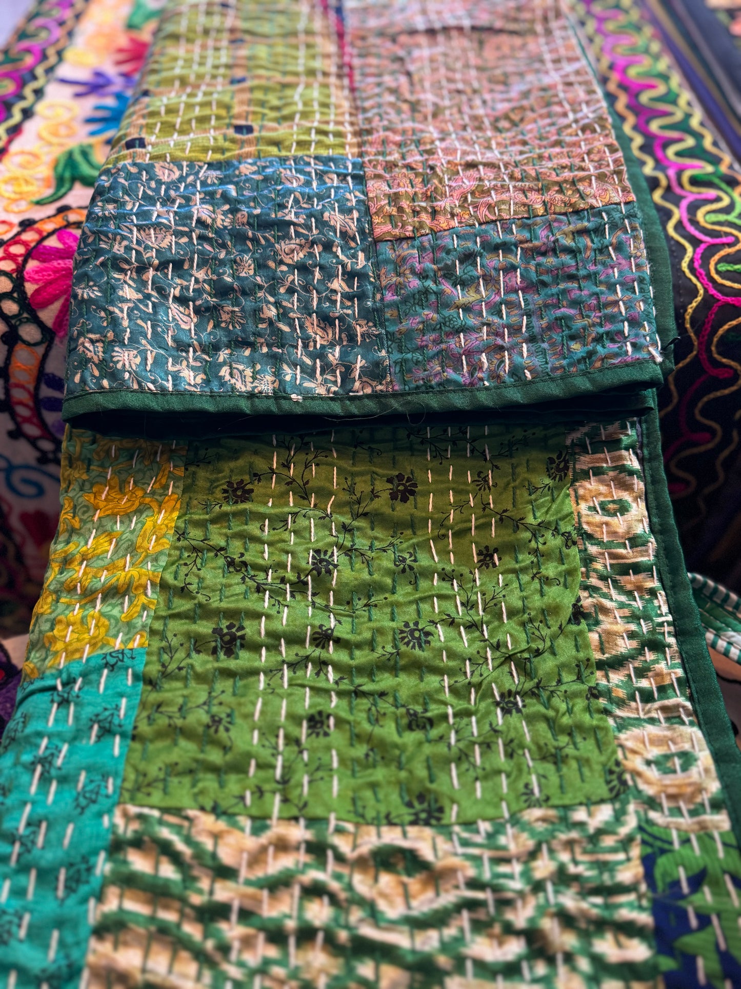 Silk Patchwork Kantha - Green-Queen/ King