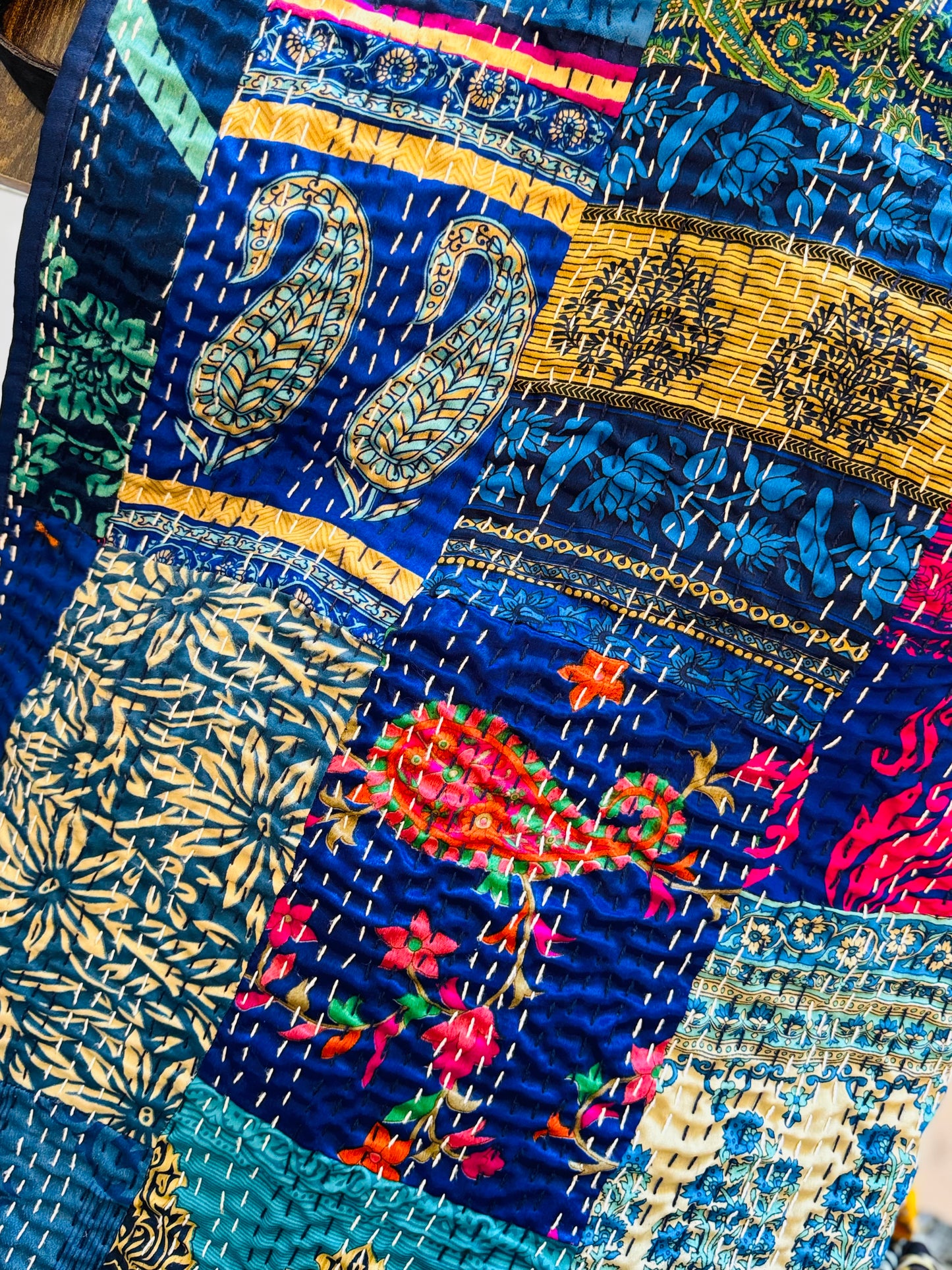 Silk Patchwork Kantha - Blue- Queen/ King